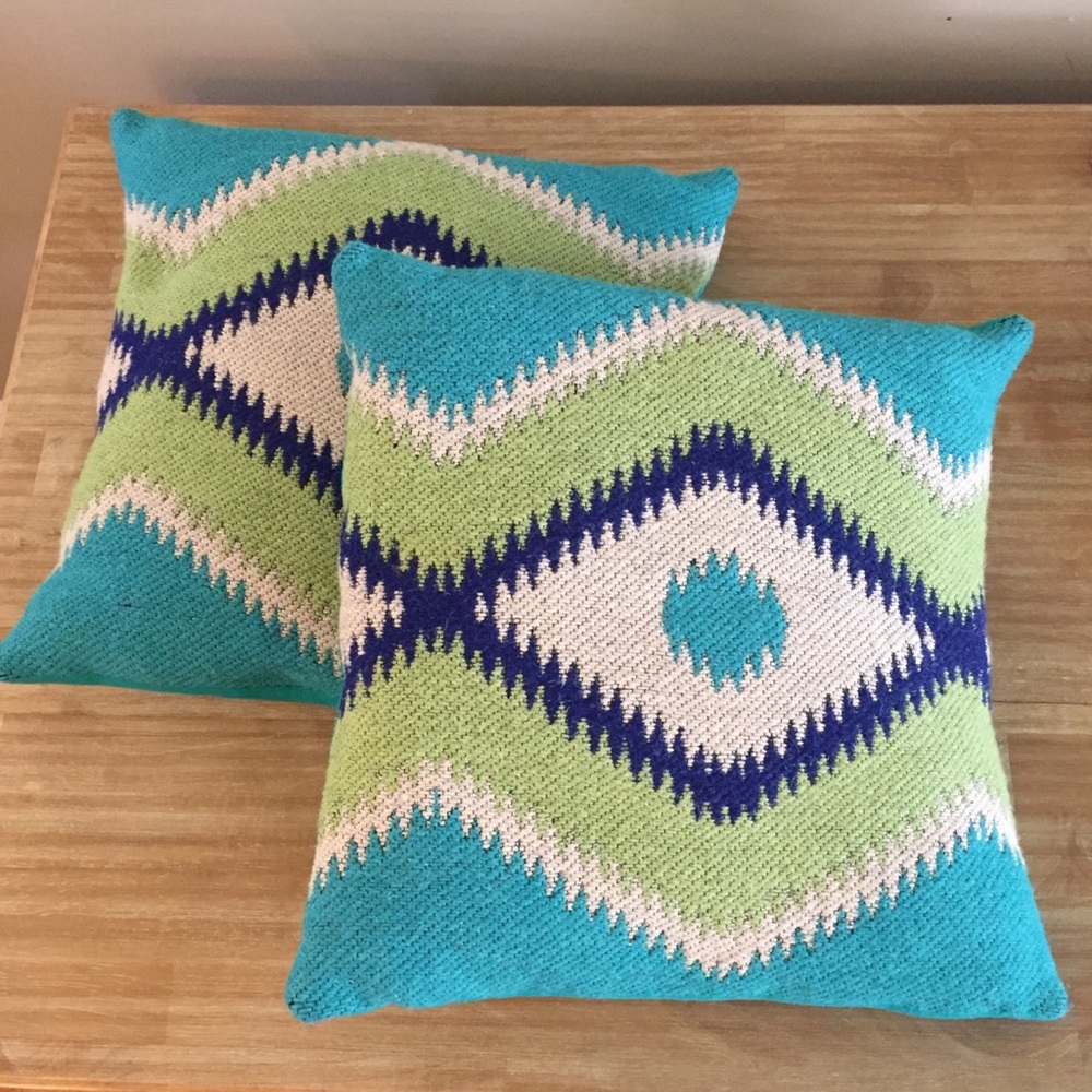Pier 1. Set of 2 Pillows. Blue, Teal, Lime Green